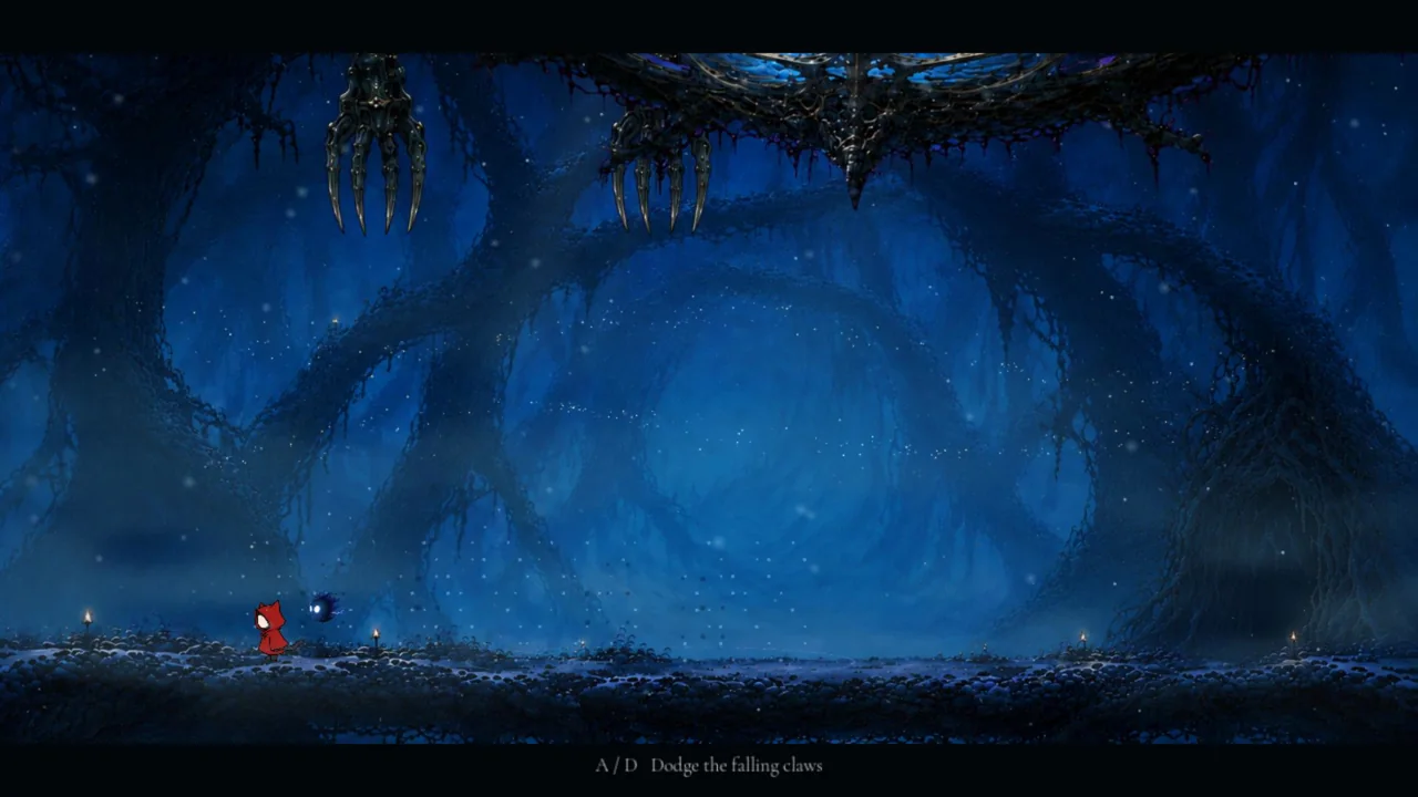 The cat and a small blue wisp stand on the forest floor as enormous metal claws descend from above