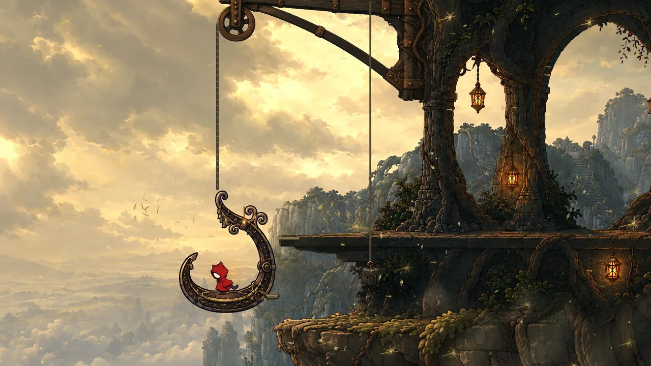 The cat rides a crescent-shaped lift above a golden sea of clouds beside a great tree