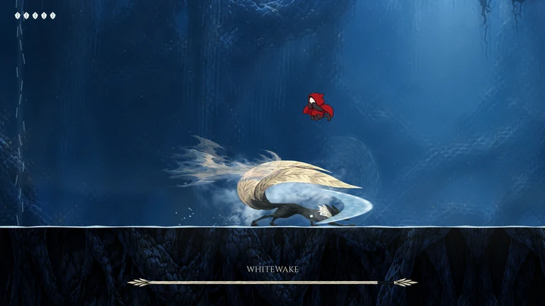 The red-cloaked cat leaps above Whitewake during a sweeping attack.
