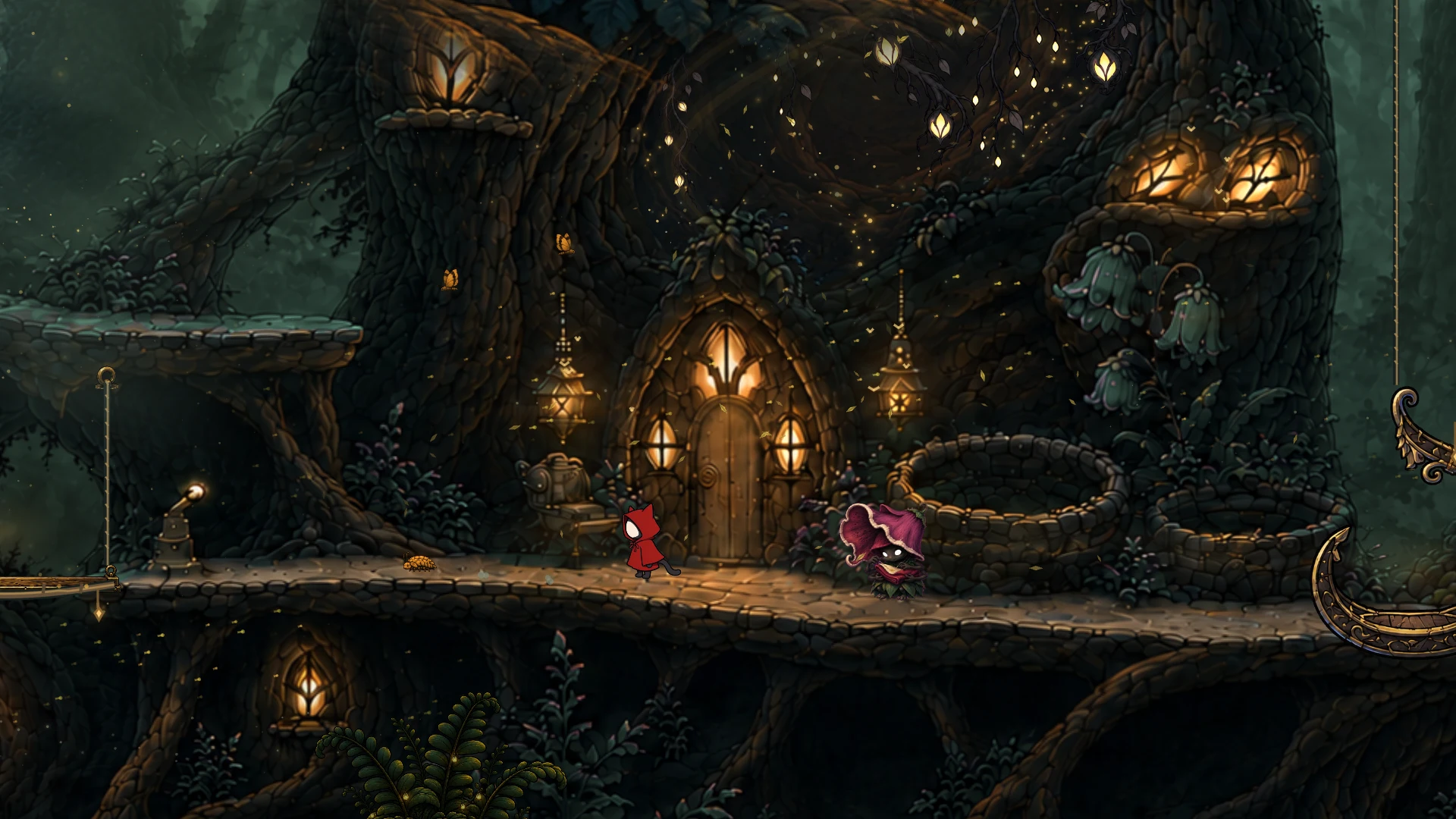 The little red-cloaked cat outside a warmly lit tree home in Sanctuary