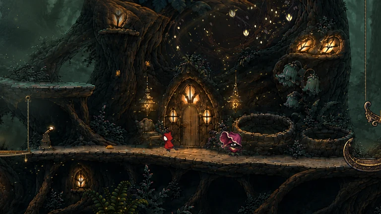 The cat stands beside the warmly lit house built into an enormous tree.