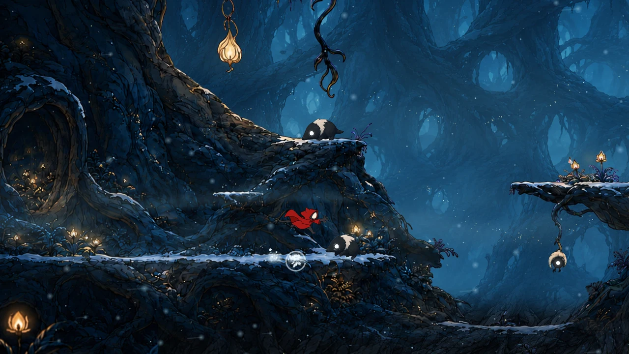 The cat faces a woodland creature on a snowy ledge.