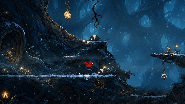 The cat faces a woodland creature on a snowy ledge.