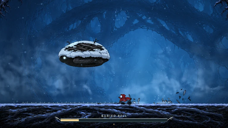 The cat stands beneath Buried Bell as the boss rises above the arena.