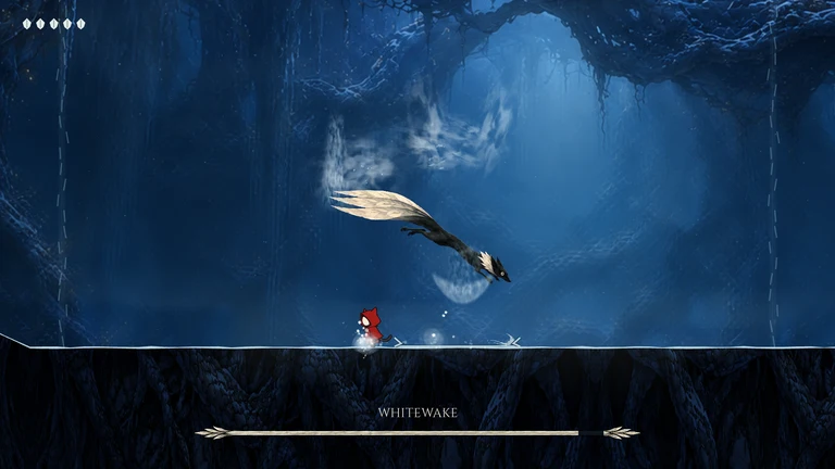 Whitewake dives toward the cat across a blue forest arena.