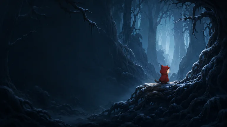 The cat stands on a snowy root and looks into the blue woods