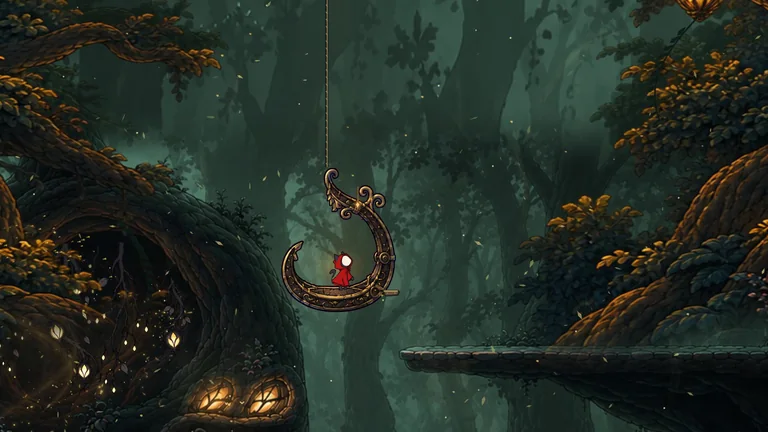 The cat rides the crescent lift up through the trees