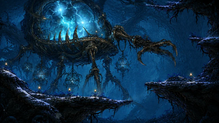 A vast clawed machine carrying a caged storm walks through the snowy woods