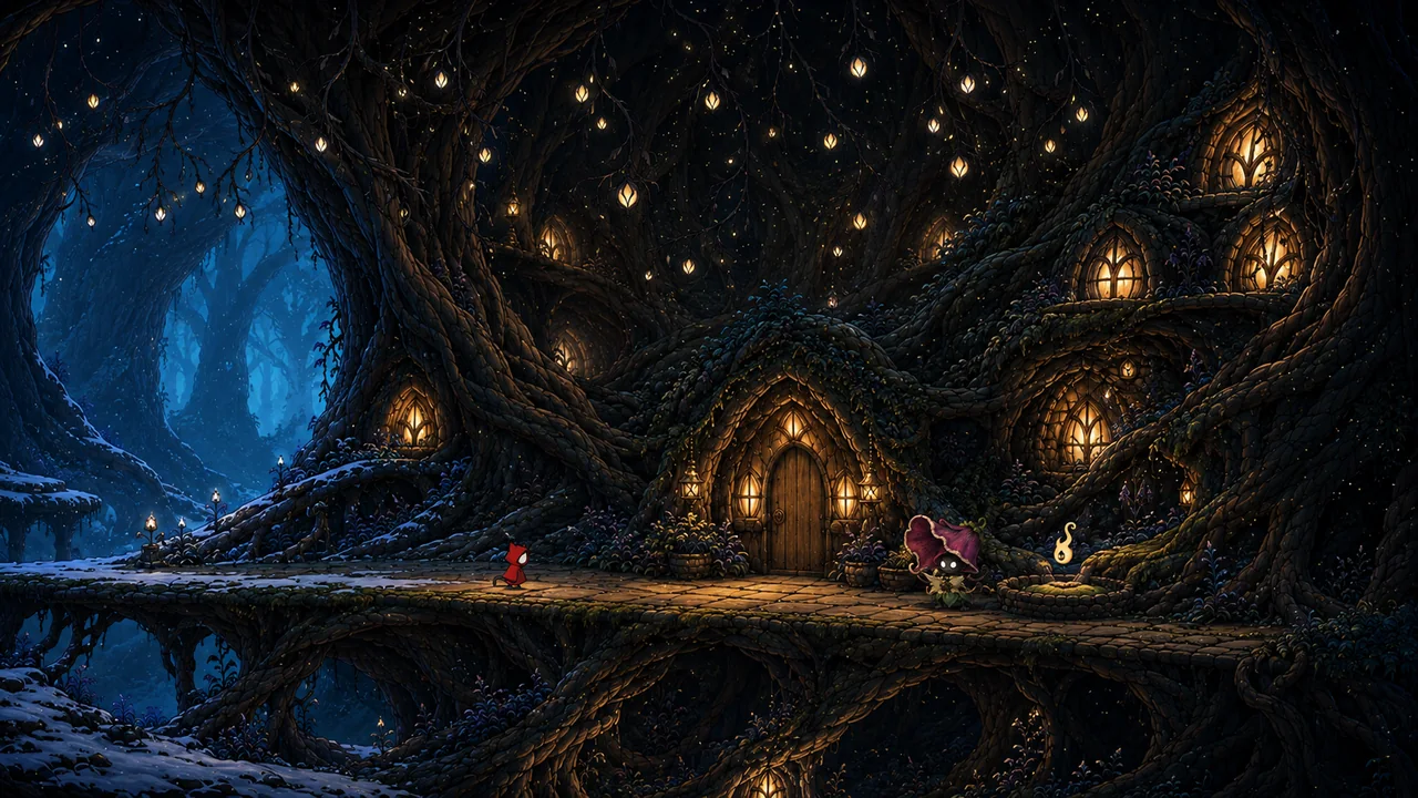 The Sanctuary at night: a lantern-lit door in the roots of an enormous tree, the cat walking toward it