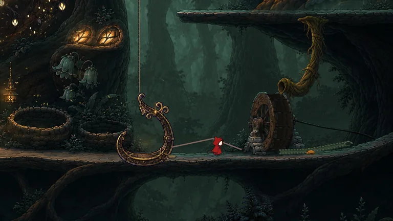 The cat walks past the waterwheel below the keeper's house