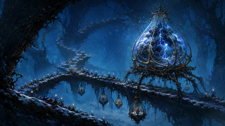 A captured storm crackles inside an ornate glass cage on a bridge of roots