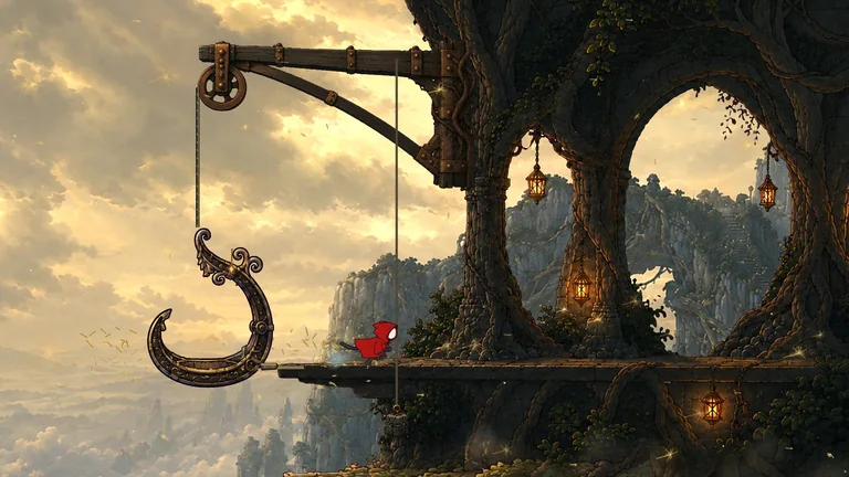 The crescent lift arrives at a lantern-lit platform high above golden clouds